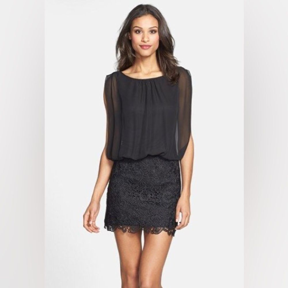 Aidan by Aidan Mattox | Chiffon Blouson Dress with Lace Skirt in Black Size 6